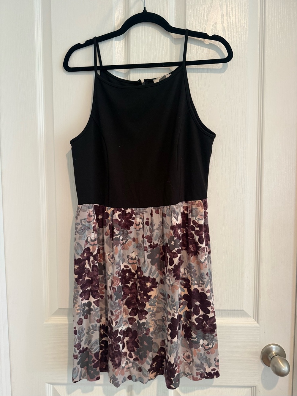 LOFT Black Bodice with Plum Floral Mini Dress